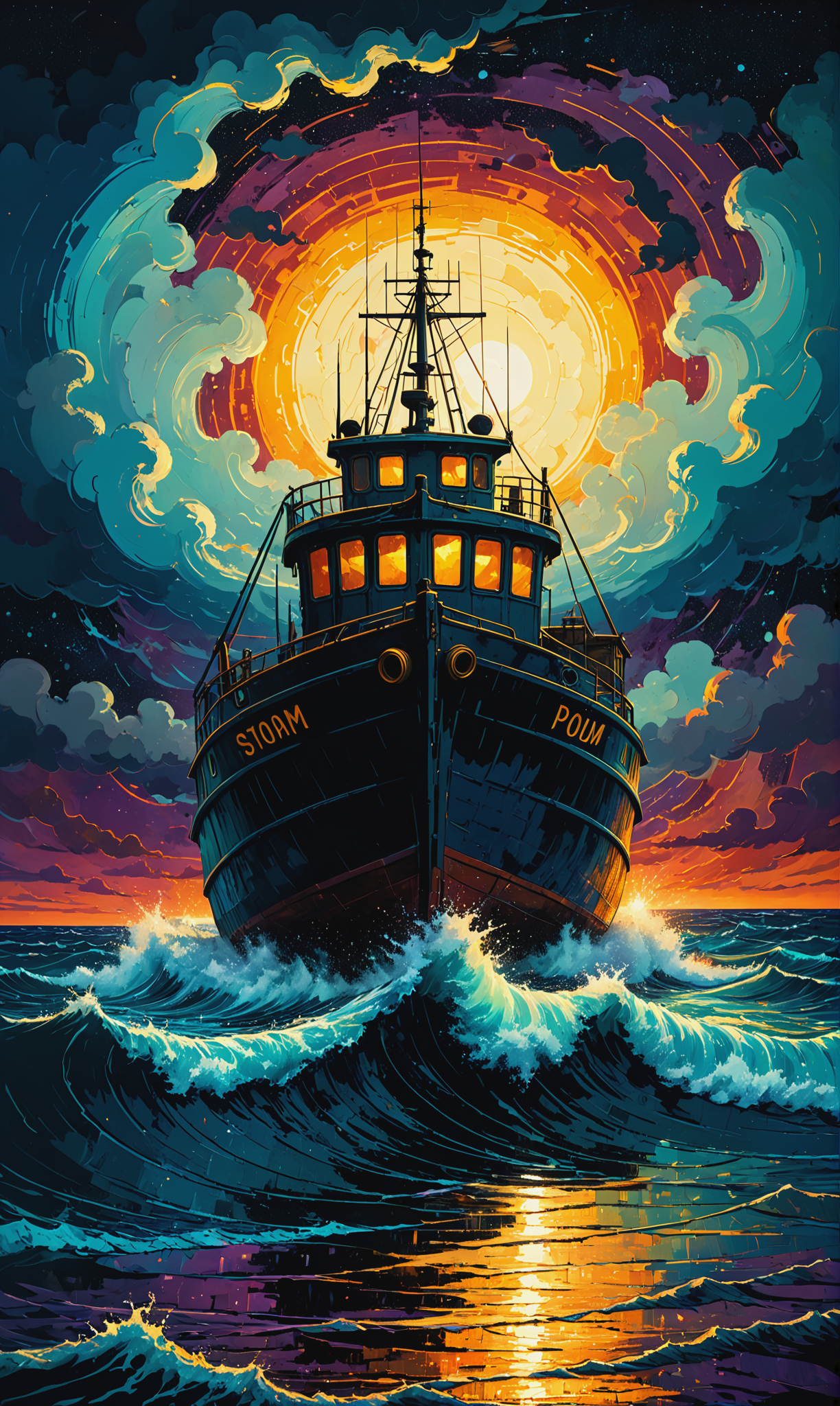 01021-1283564233-Mixed media magic. Artist James R. Eads. Stormy night over the troubled sea. drifting fishing boat, flashes of lightning on the.png